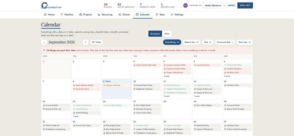 Cosmentum calendar with every due date