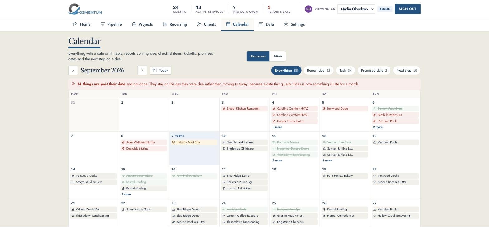 Cosmentum calendar with every due date