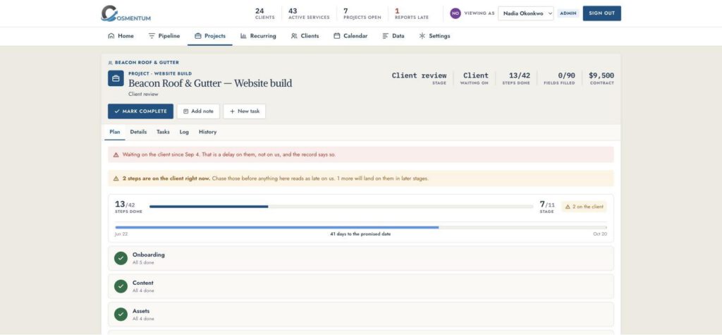 A website build in Cosmentum, waiting on the client, with steps done and days to the promised date