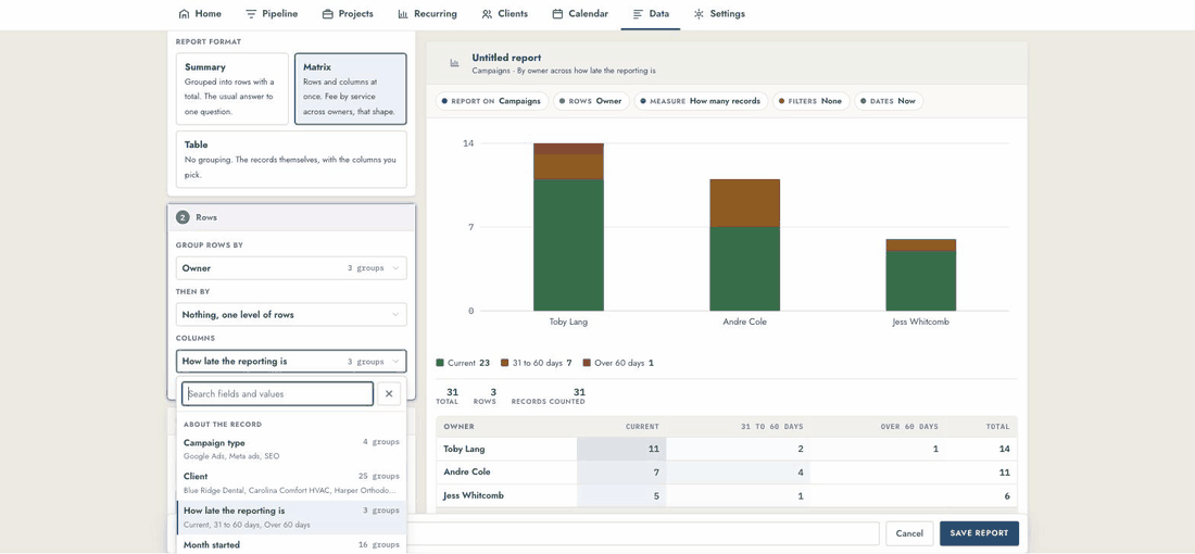 Building a then-and-now report by owner with a filter in Cosmentum