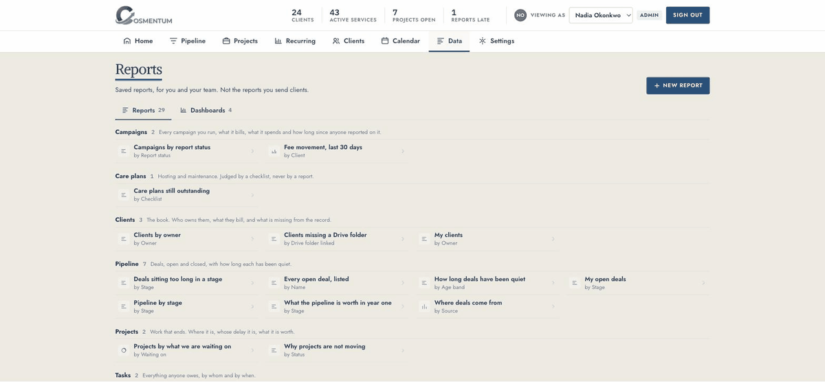 Opening the recurring revenue report in Cosmentum