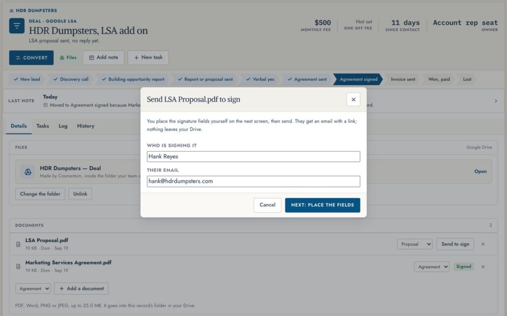 Sending an agreement to sign from a deal in Cosmentum: who is signing and their email