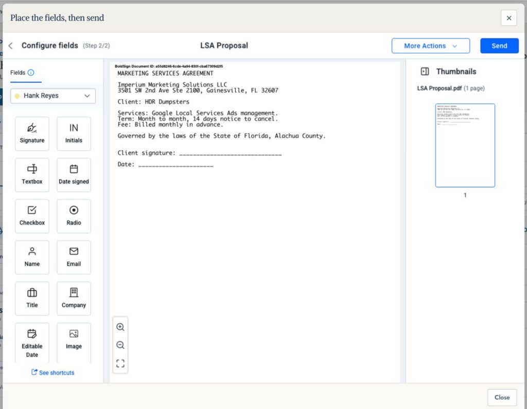 Placing signature, date and name fields on the agreement before sending